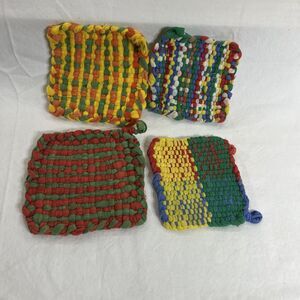 Vtg Hand Loom Woven Pot Holder 4 Set Hot Pad 4"-5" Sq Multicolor Weave Variety